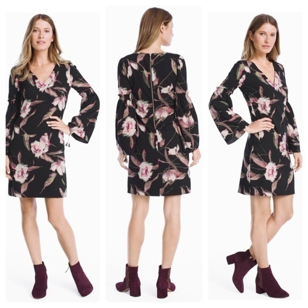 WHBM black floral bell sleeve shift dress 00 TT4
